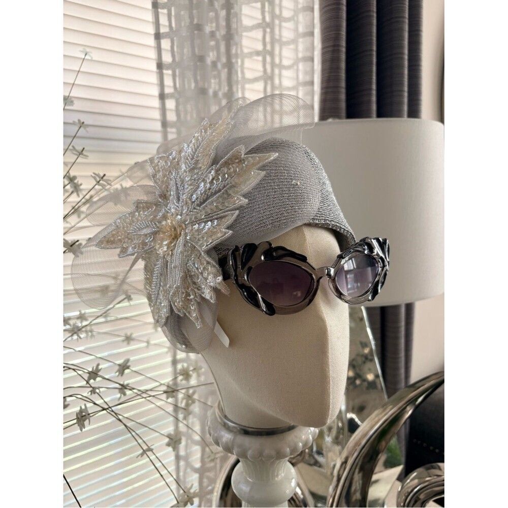 Embellished Asymmetrical Silver Straw Statement Fascinator Hat